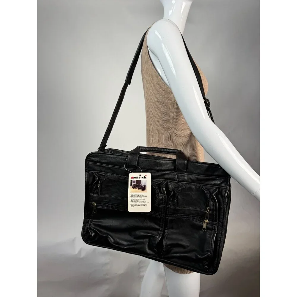 Monarch Black Leather Look Business Briefcase With Multiple Zippered Pockets & A